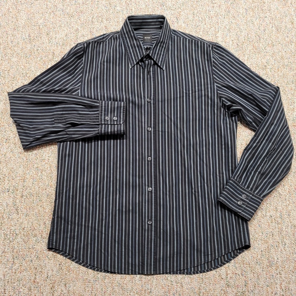 Hugo Boss Men Shirt Large Black Striped Slim Fit Long Sleeve Button Up